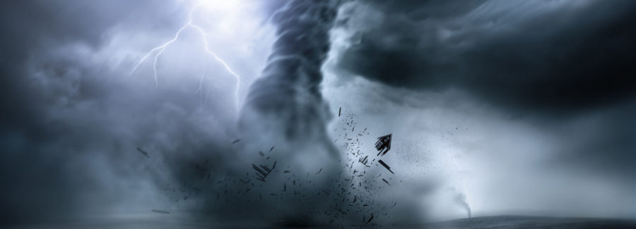 tornado and lightning dark clouds above a highway