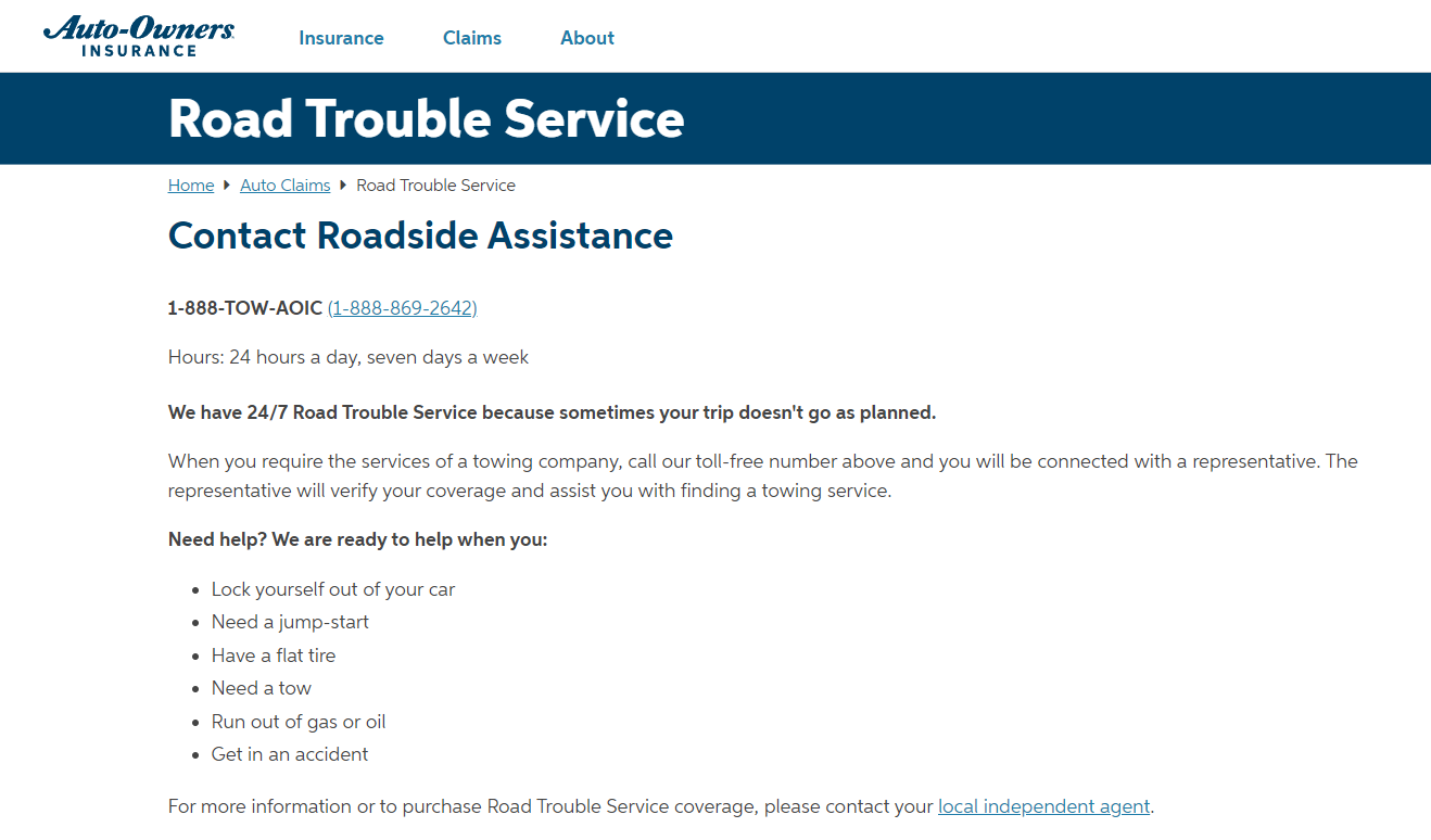 Auto-Owners Roadside Assistance Review: Auto-Owners Site Screenshot
