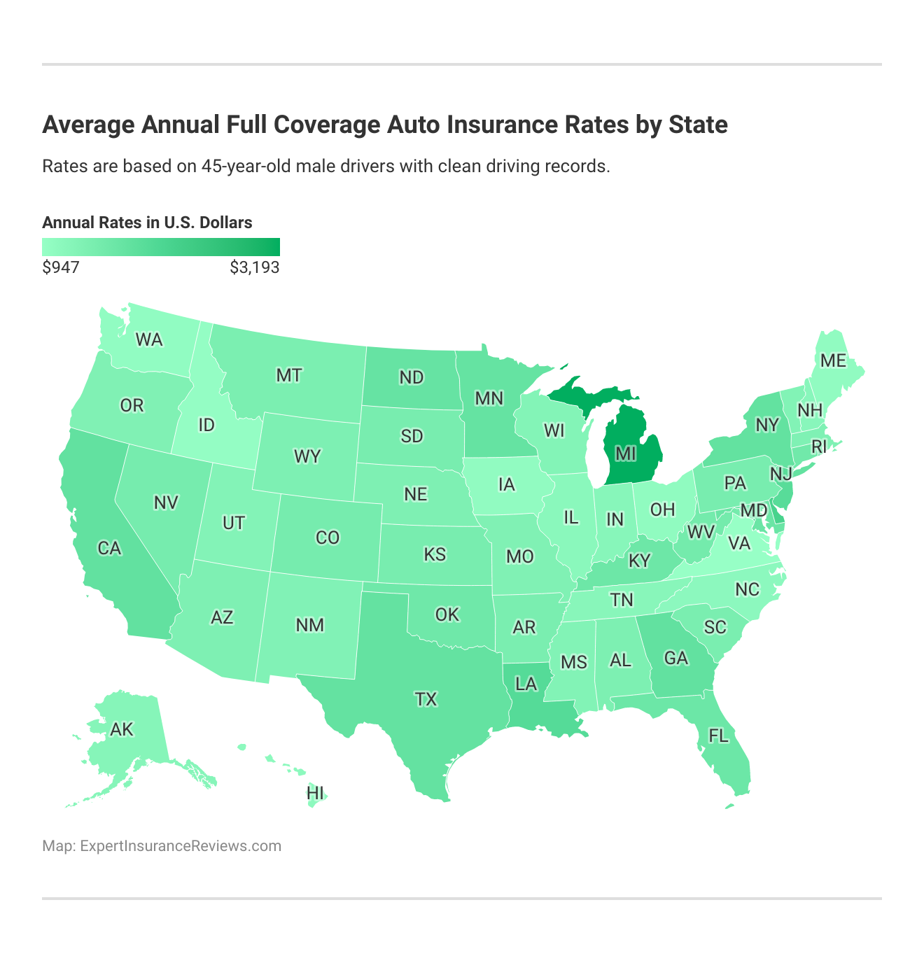 <b>Average Annual Full Coverage Auto Insurance Rates by State</b>