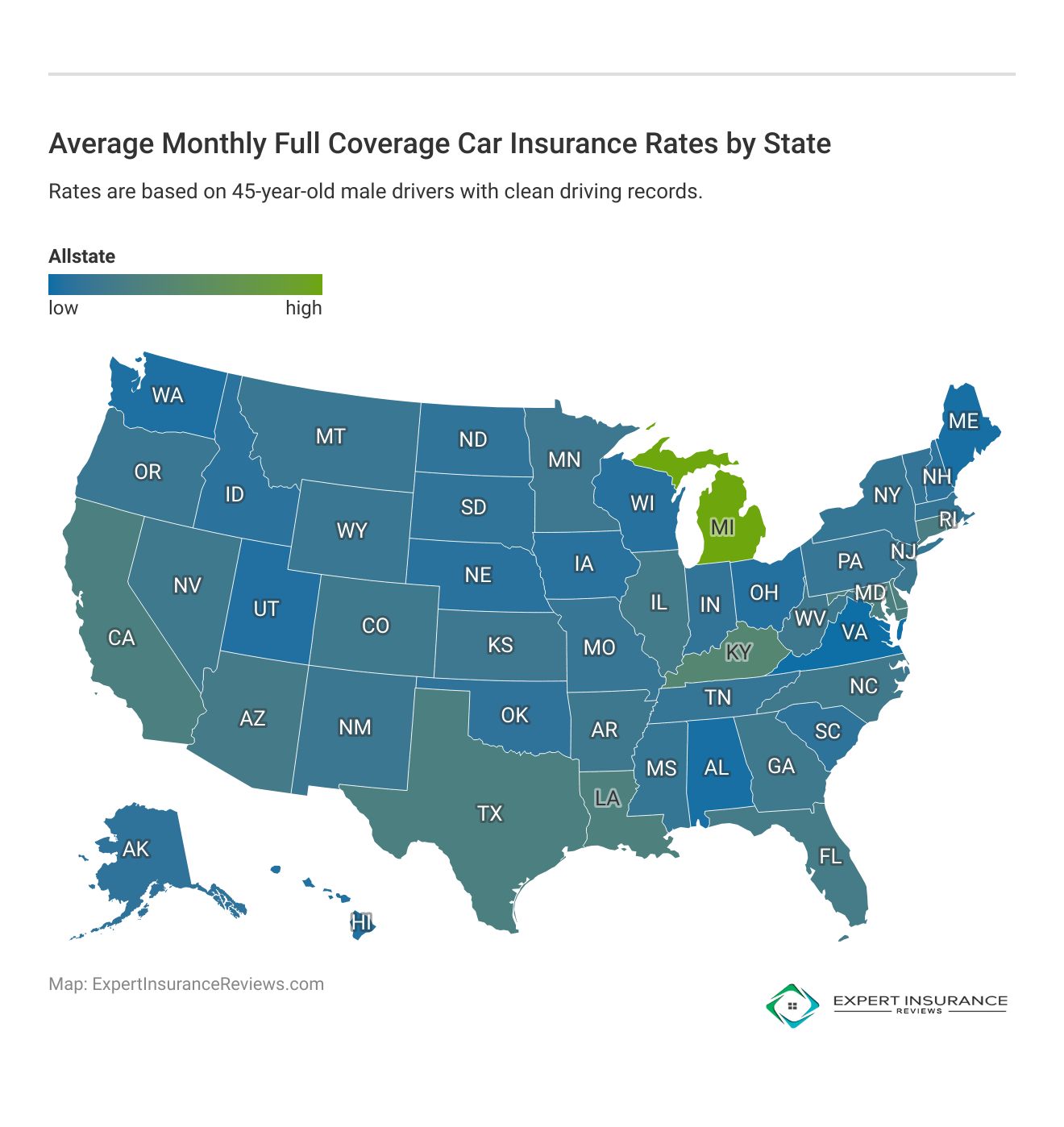 <h3>Average Monthly Full Coverage Car Insurance Rates by State</h3>