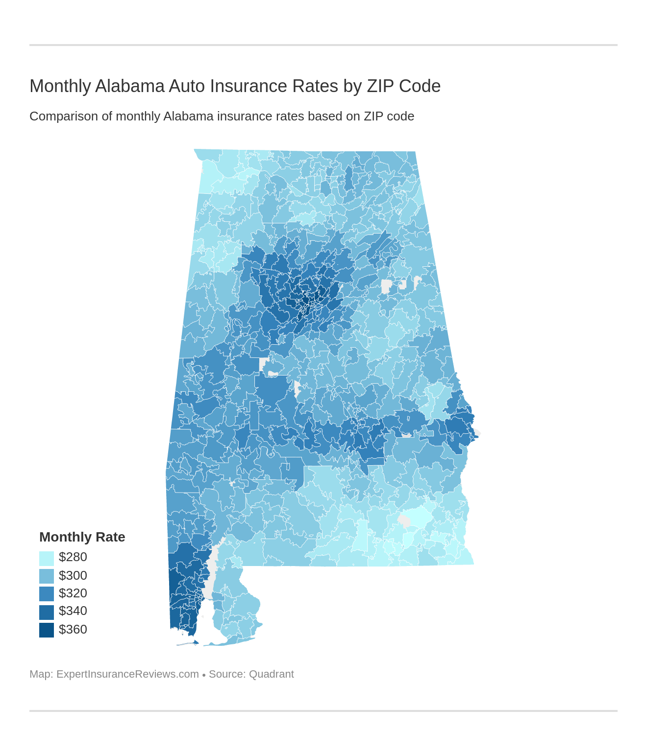 Monthly Alabama Auto Insurance Rates by ZIP Code