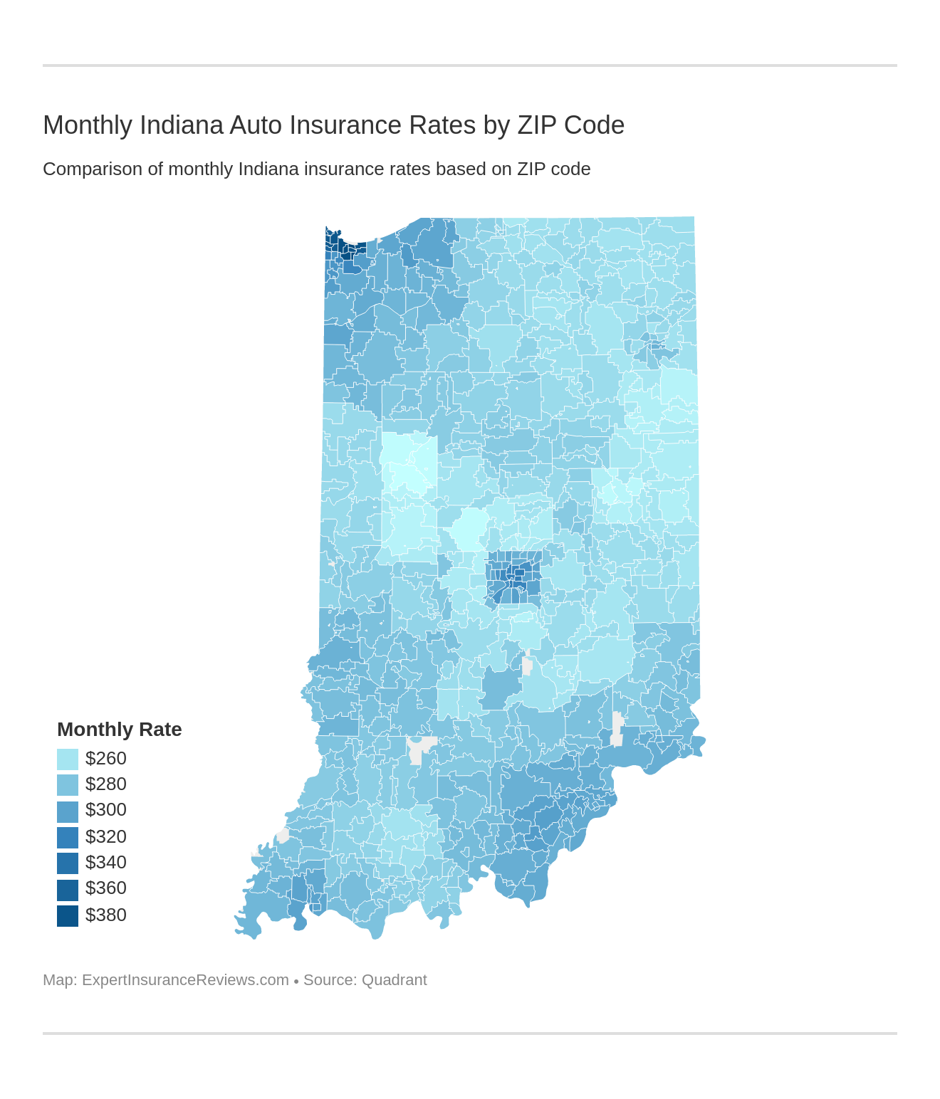 Monthly Indiana Auto Insurance Rates by ZIP Code