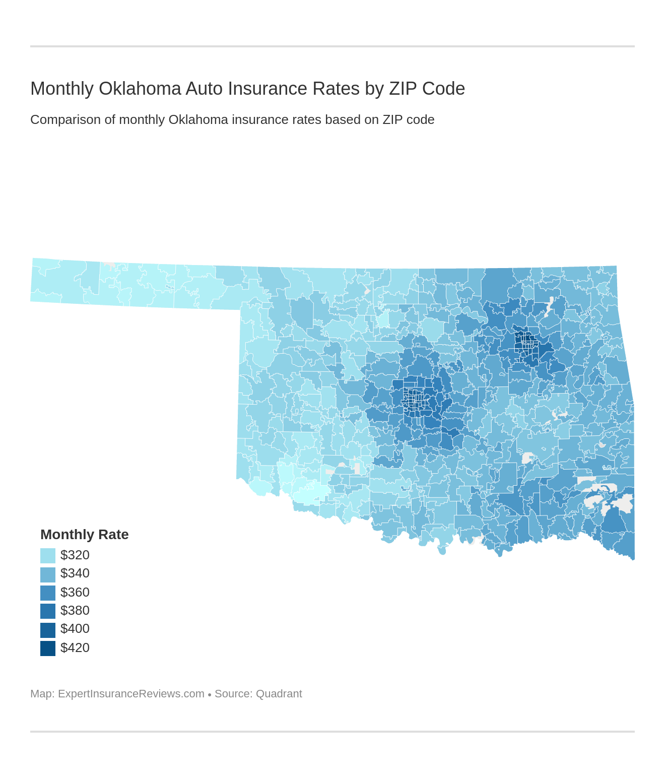 Monthly Oklahoma Auto Insurance Rates by ZIP Code